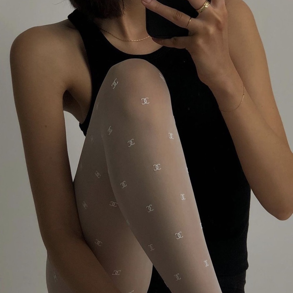White CC Patterned Monogram Pantyhose Stockings Tights